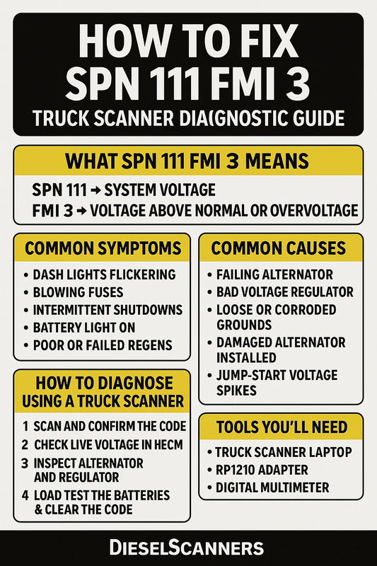 How to Fix SPN 111 FMI 3 – Battery Voltage High (Truck Scanner Diagnostic Guide)