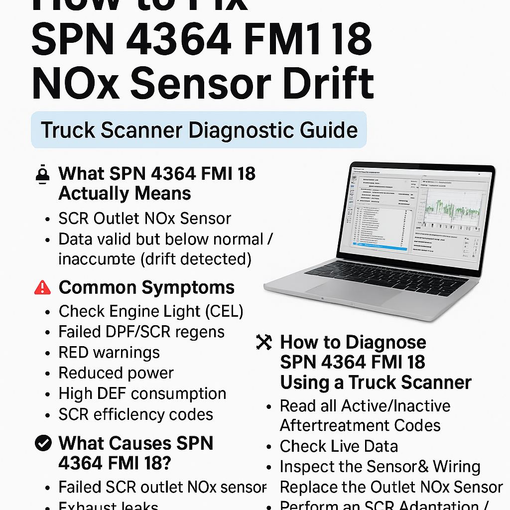 How to Fix SPN 4364 FMI 18 – NOx Sensor Drift (Truck Scanner Diagnostic Guide)