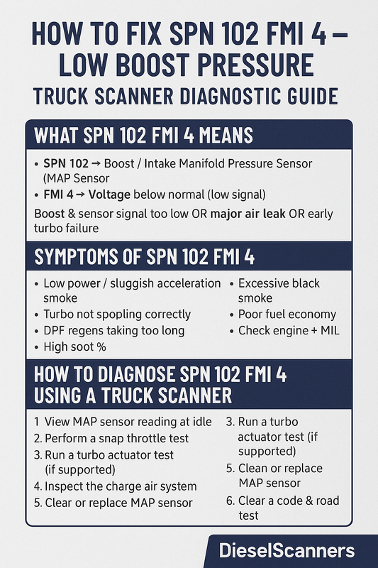 How to Fix SPN 102 FMI 4 – Low Boost Pressure (MAP Sensor / Turbo Issue)