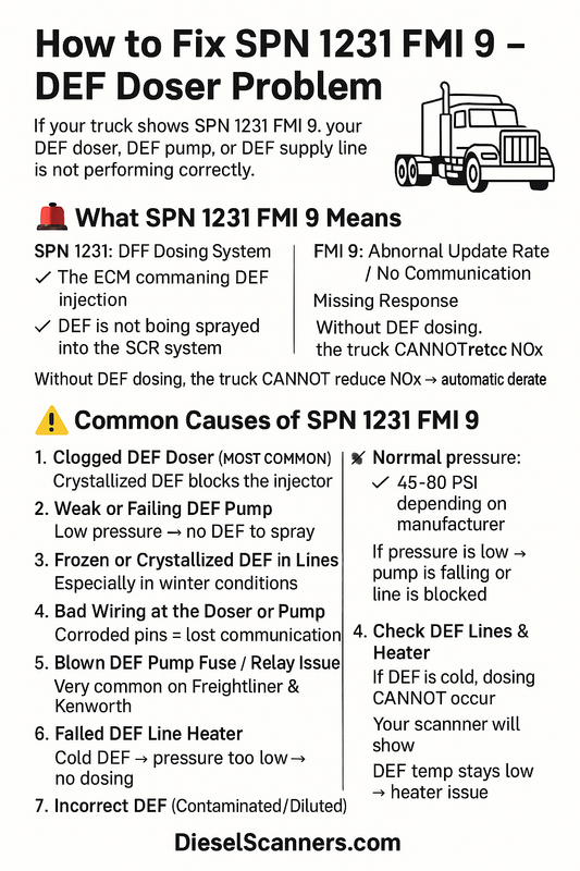 How to Fix SPN 1231 FMI 9 – DEF Doser Problem (No DEF Injection / Poor Dosing)