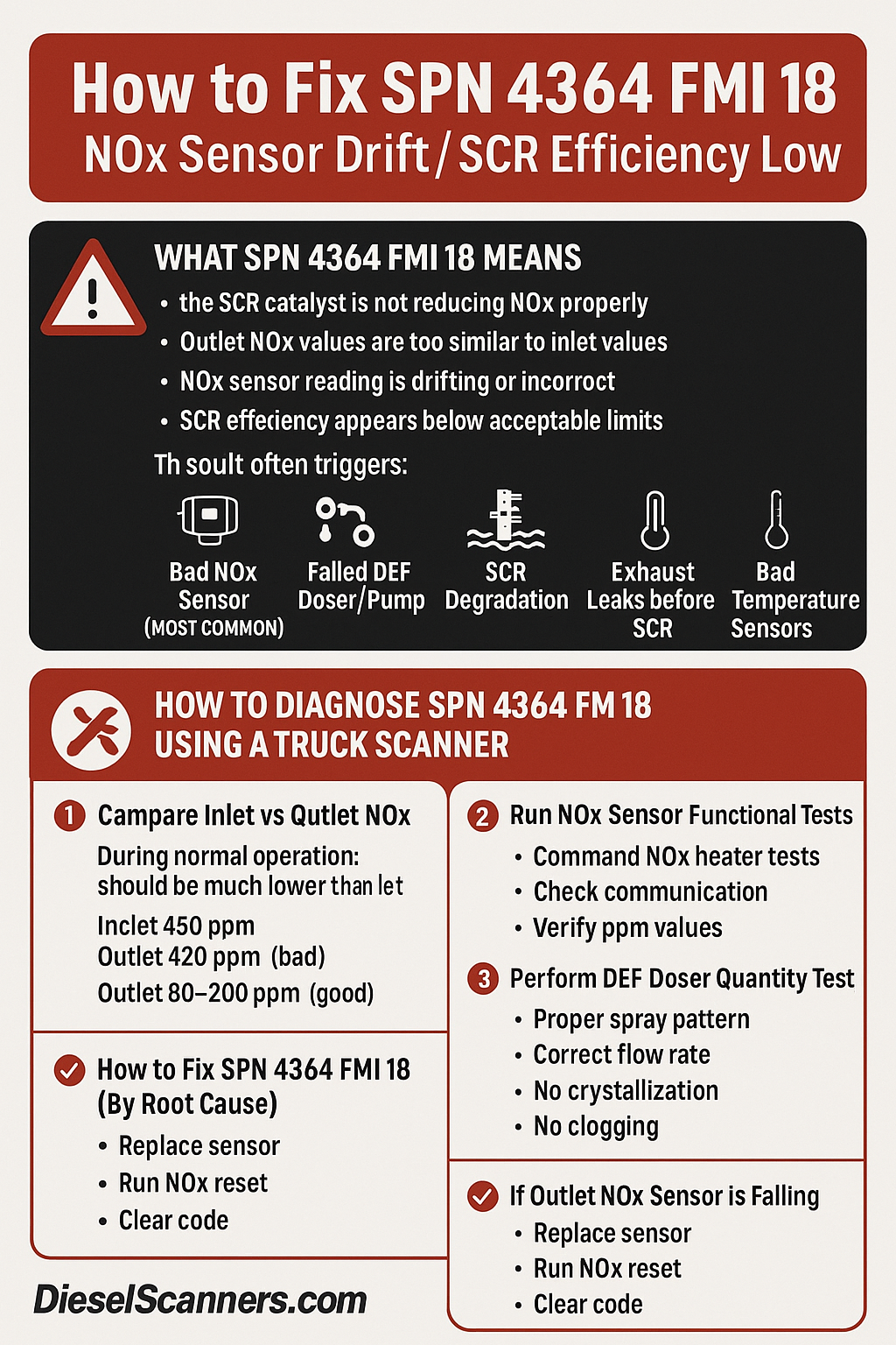 How to Fix SPN 4364 FMI 18 – NOx Sensor Drift / SCR Efficiency Low