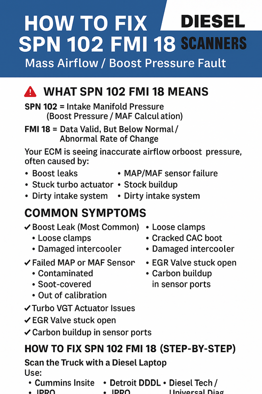 How to Fix SPN 102 FMI 18 — Mass Airflow / Boost Pressure Fault (Cummins, Detroit, Paccar)