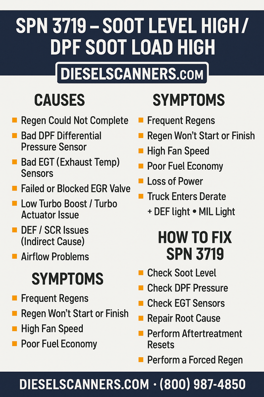 SPN 3719 – Soot Level High / DPF Soot Load High (Full 2025 Fix Guide)