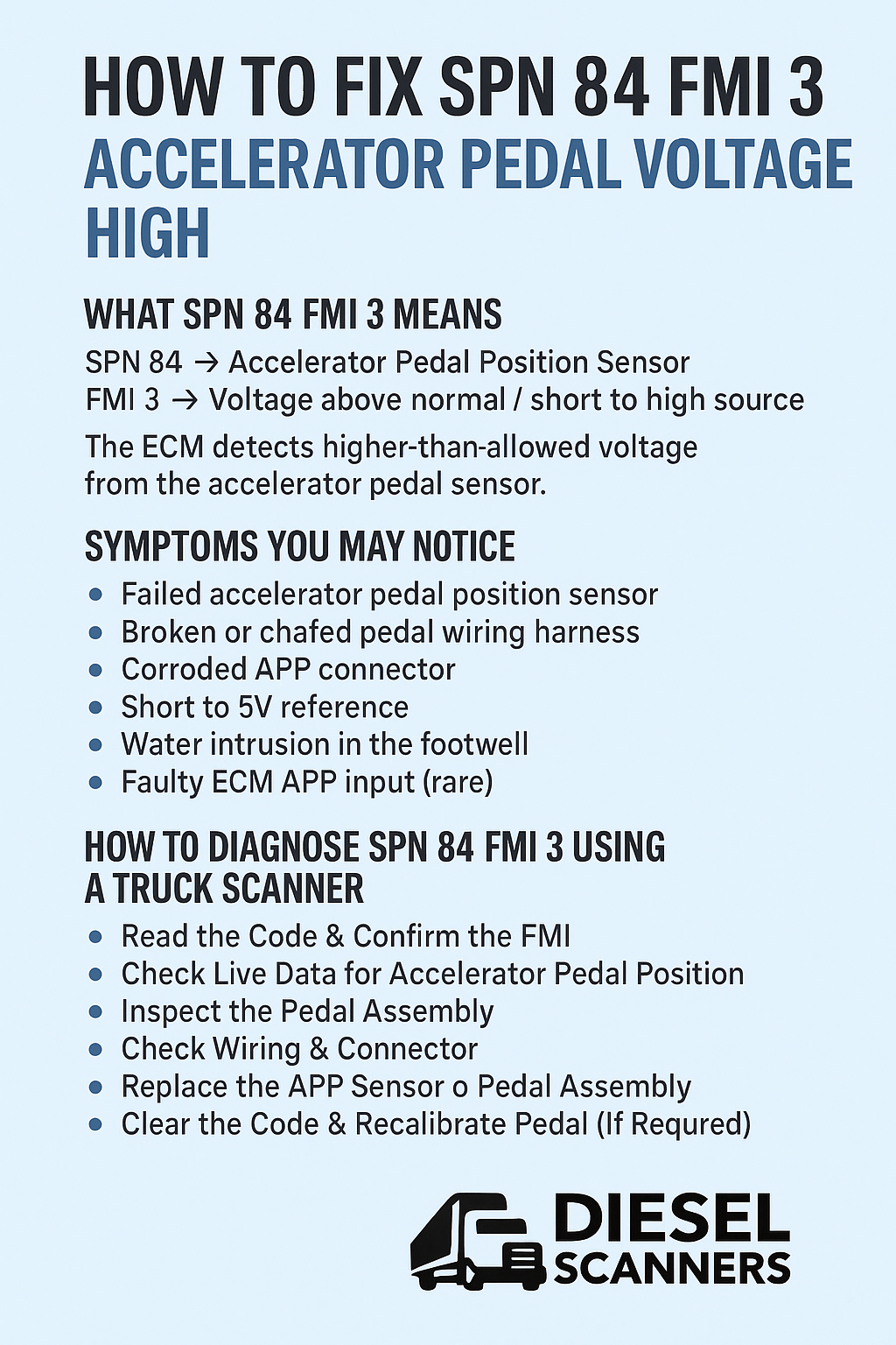 How to Fix SPN 84 FMI 3 – Accelerator Pedal Voltage High (Truck Scanner Guide)
