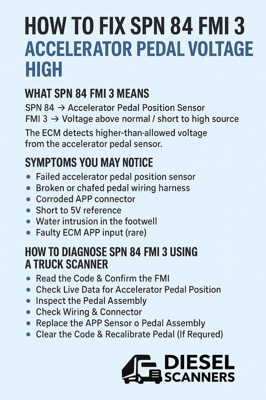 How to Fix SPN 84 FMI 3 – Accelerator Pedal Voltage High (Truck Scanner Guide)